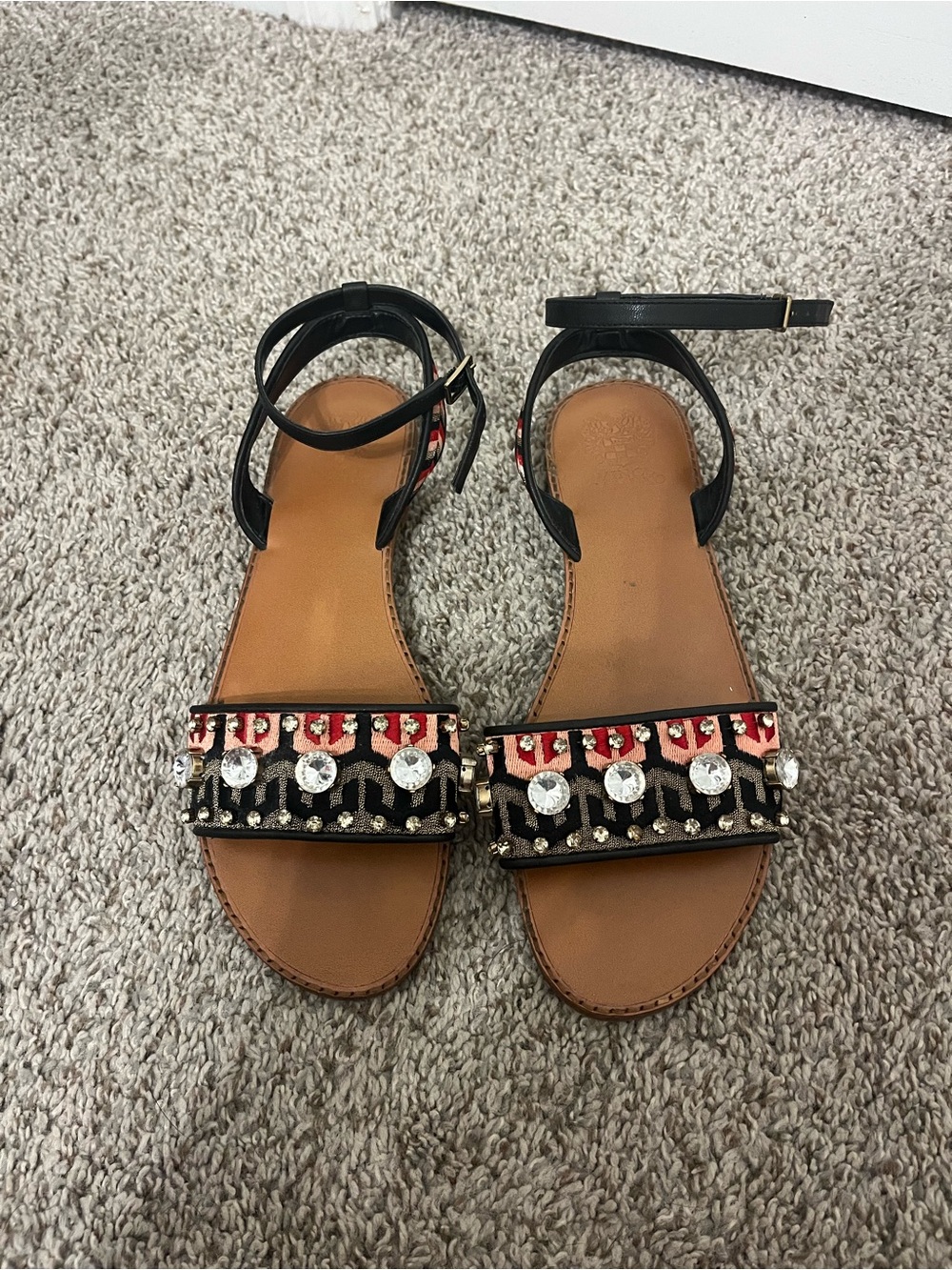 Vince Camuto Black Embellished Ankle-Strap Sandals with Tan Footbed
